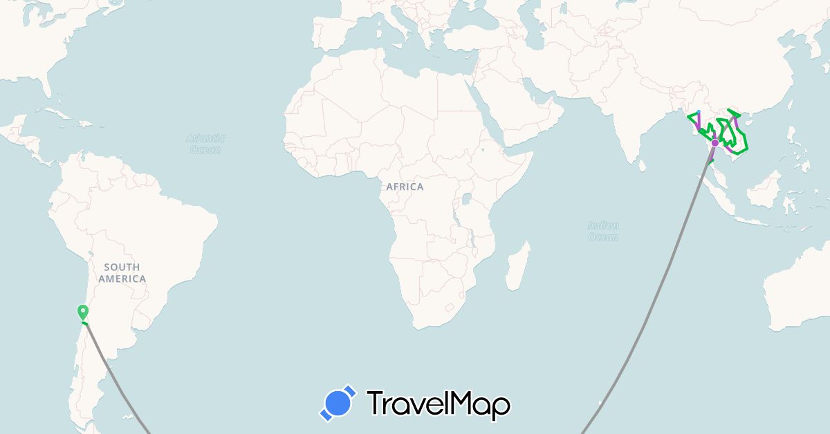 TravelMap itinerary: bus, plane, train, boat in Chile, Cambodia, Laos, Myanmar (Burma), Thailand, Vietnam (Asia, South America)